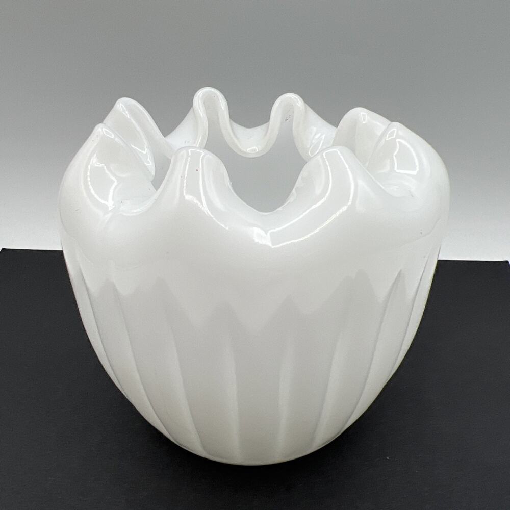 Vintage White Milk Glass Crimped Edge 4’Vase Rose Bowl 1960s Fenton Ghost